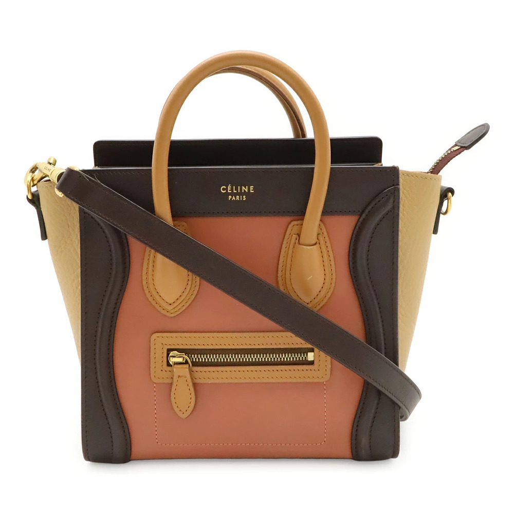 Celine Luggage Tote Shopper 2way Crossbody Leather Beige Cream Brown Pink